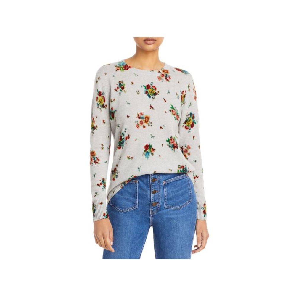 Designer Brand Womens Gray Ribbed Floral Long Sleeve Crew Neck Sweater S
